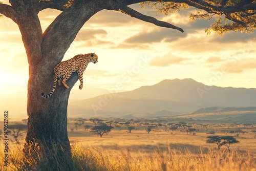 Cheetah climbing down a tree branch in a savanna with a grassland and mountains in the background. A cheetah is walking on the trunk of an acacia tree in the African plains. Animal concept,