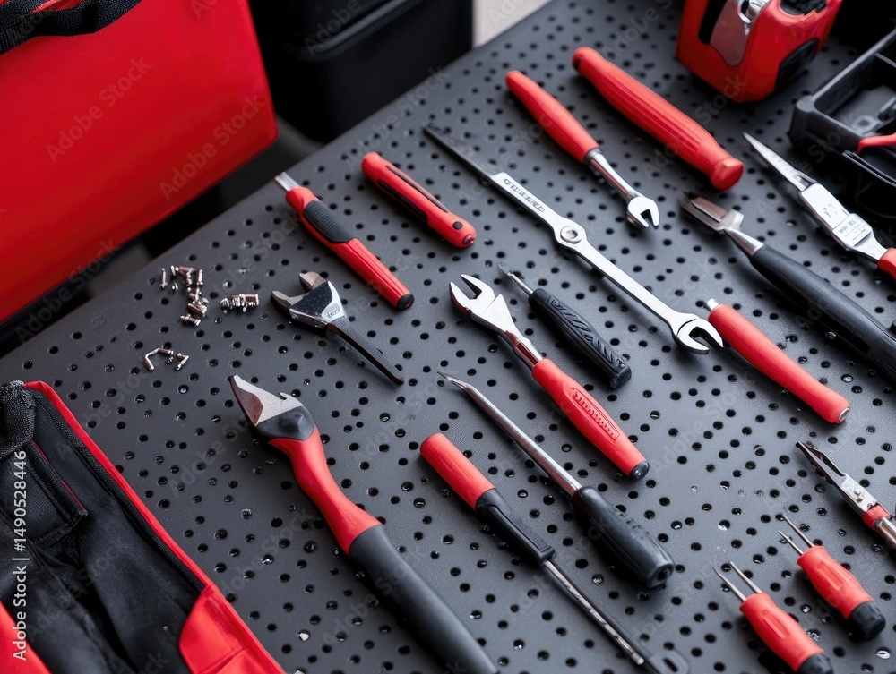 Fototapeta premium Arrangement of hand tools wrenches and screwdrivers for repair and maintenance on a perforated surface