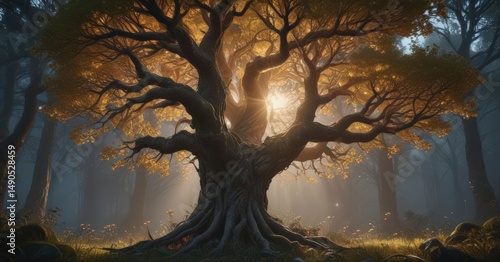 Massive luminous tree; vibrant fungal clusters, shimmering tendrils ,  environment,  concept art