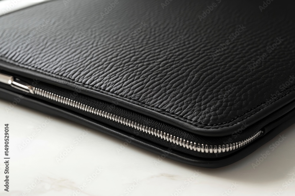 Close-up view of a black leather laptop sleeve. Close-up view of a black leather laptop sleeve.
