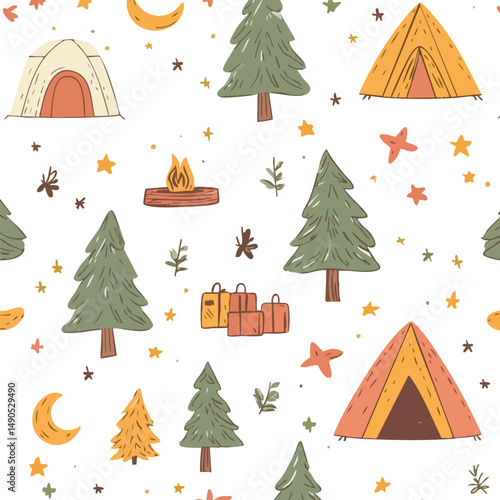 Camping Seamless Pattern with Tents, Trees, Campfire and Luggage – Hand Drawn Vector