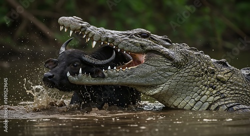 Crocodile attacks water buffalo in river