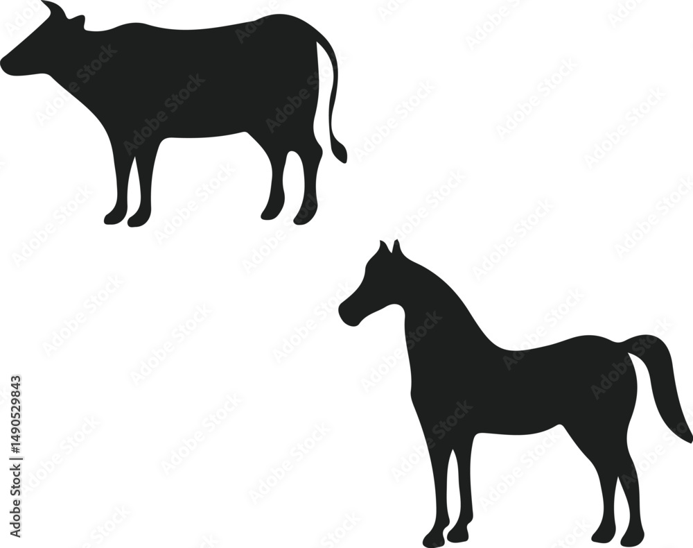 Fototapeta premium Silhouettes of cow and horse, black vector illustrations for farm, livestock, and agricultural designs 