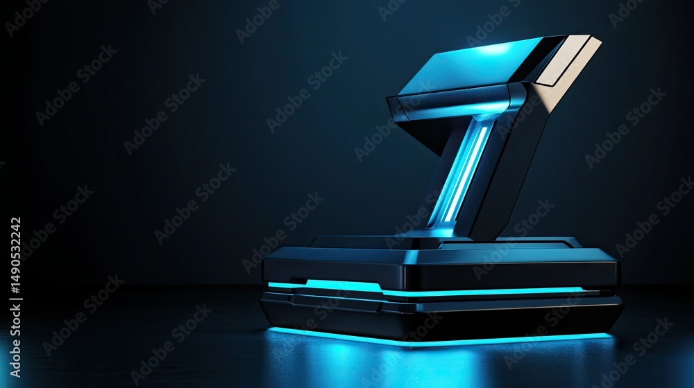 Obraz premium Futuristic Blue Glow Display Stand with Sleek Design and Modern Aesthetic for Technology Showcases and Product Presentations