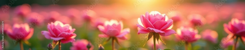 A field of pink roses, soft light, gentle breeze, serene, beauty A field of pink roses, soft light, gentle breeze, serene, beauty