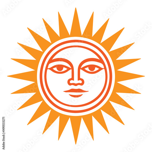 Illustration of a stylized sun with rays shining brightly featuring a face, symbolizing warmth, energy, and positivity in a simplistic design suitable for various uses