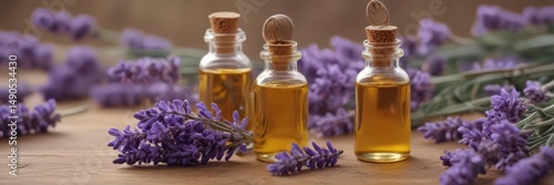 Close-up lavender blossoms, amber essential oil bottle with dropper, plant, spa