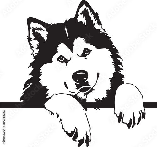 peeking Alaskan Malamute dog