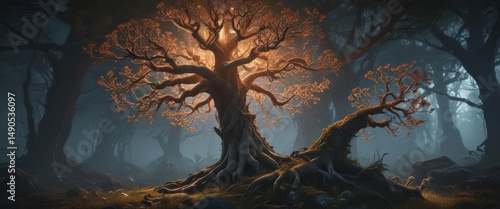 Ancient, glowing fungal tree, ethereal tendrils,  enchanted,  fungus,  glow
