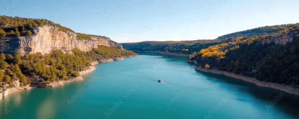 Obraz premium Picturesque river flowing between rocky cliffs scenic natural environment aerial view