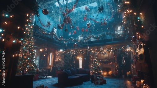 Ornate Room Interior Decorated for Christmas with Glowing Lights and Christmas Trees