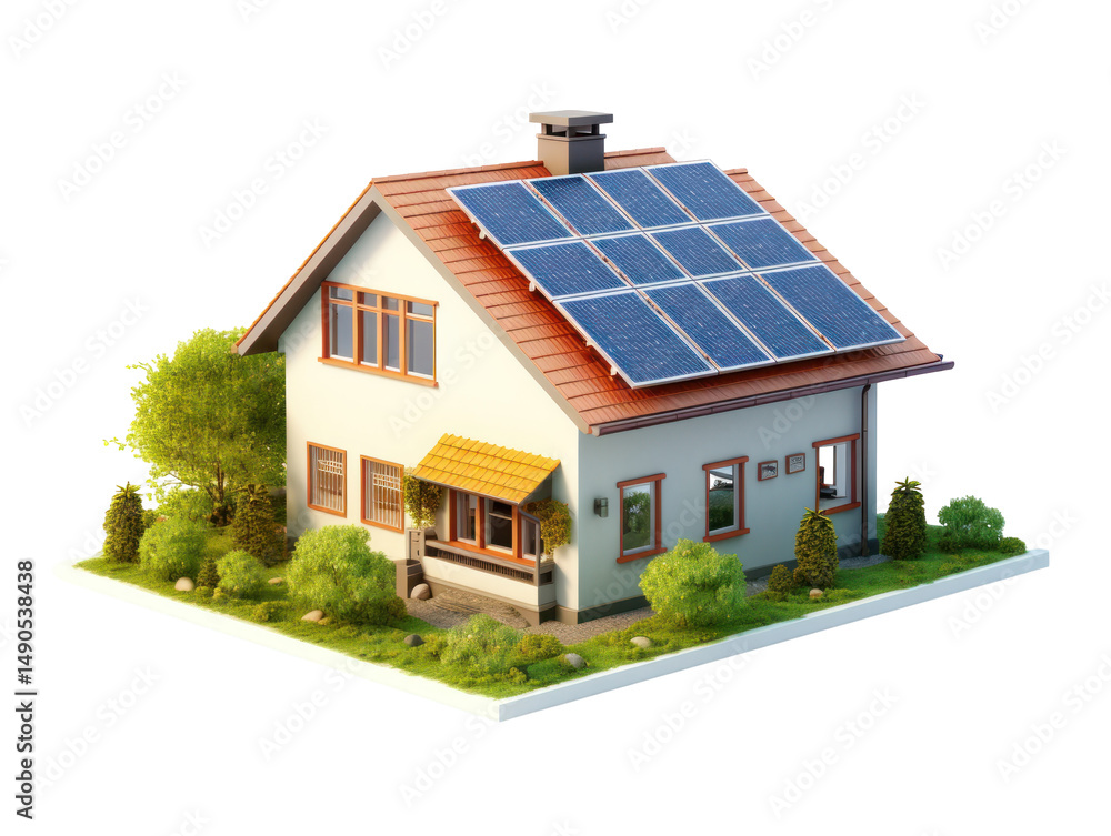 Eco House with Solar Panels on Roof Isolated on White Background Eco House with Solar Panels on Roof Isolated on White Background