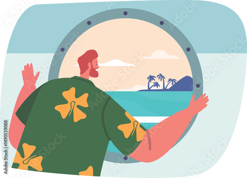 Man traveling by ship vector illustration
