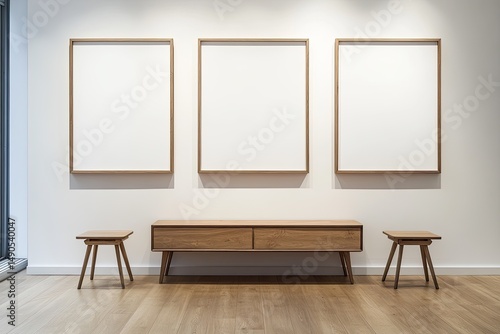 Three blank, light wood-framed canvases hang on a white wall above a mid-century modern console and two small wooden stools on a light wood floor.  A window is partially visible to the left