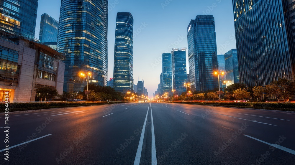 Fototapeta premium Empty road in front of skyscrapers at twilight