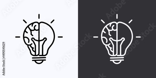 Brain Light Bulb Icon – Vector Outline – Black and White Preview