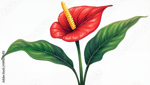 Illustrated red anthurium flower with green leaves in a botanical herbarium style
