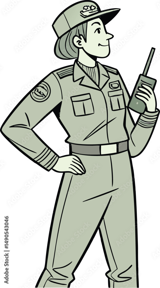 Obraz premium Illustration of Confident Female Military Officer Holding Radio - Empowerment and Communication in Uniformed Service Design