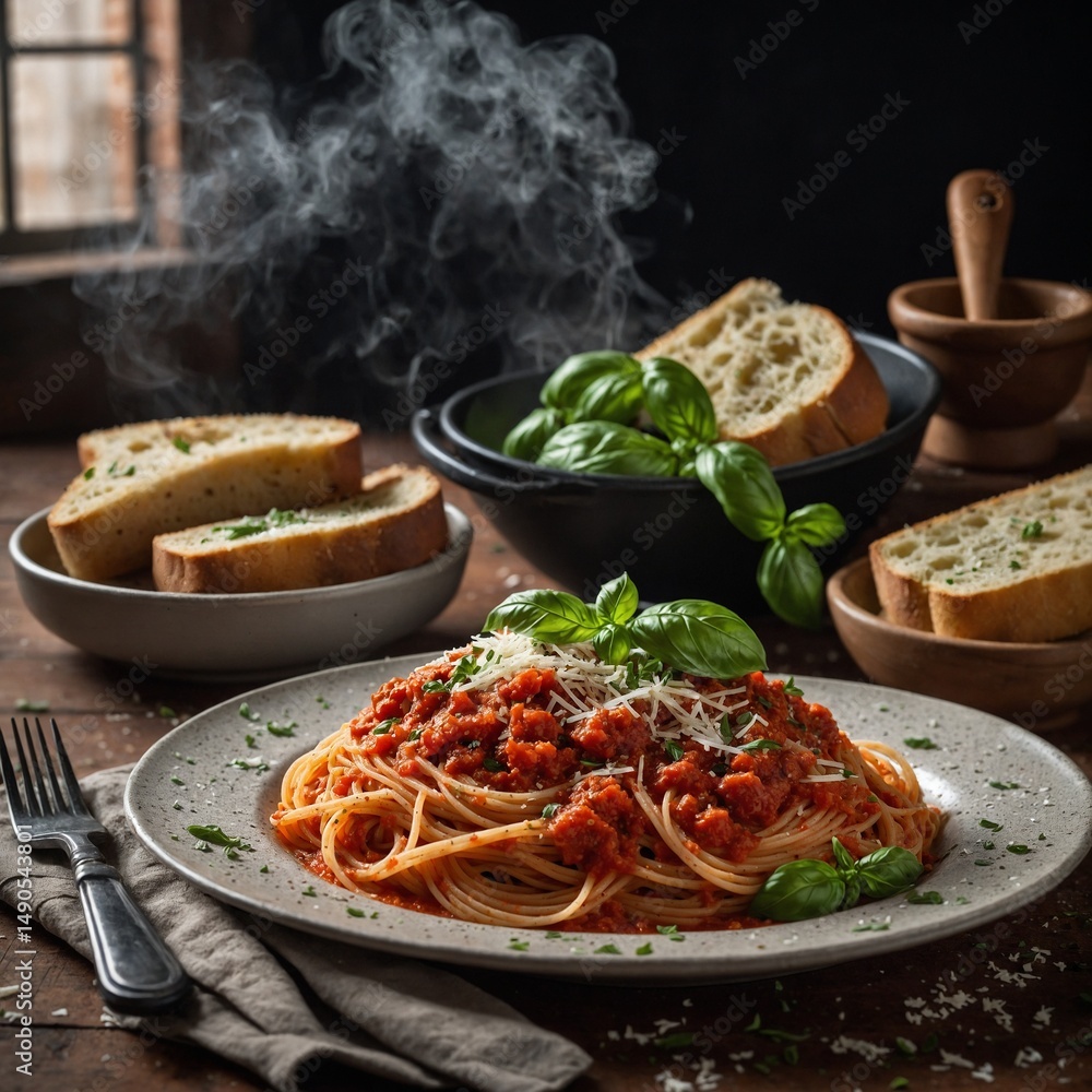 Fototapeta premium A steaming plate of spaghetti topped with chunky tomato sauce, sprinkled with grated parmesan and fresh basil leaves, served with garlic bread on the side.