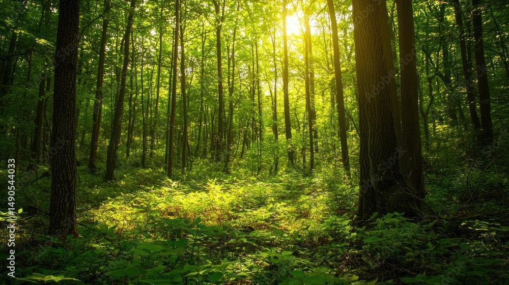 A dense forest filled with bright green leaves glowing in the sunlight A dense forest filled with bright green leaves glowing in the sunlight
