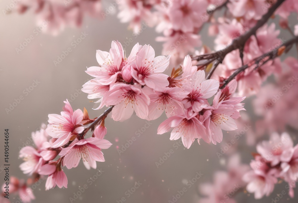Obraz premium Delicate pink sakura petals drift against a bokeh background of soft-focus blossoms , dreamy, airy