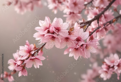 Delicate pink sakura petals drift against a bokeh background of soft-focus blossoms ,  dreamy,  airy