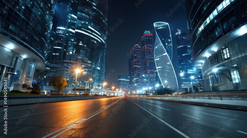 Fototapeta premium Empty city street at night skyscrapers moscow russia