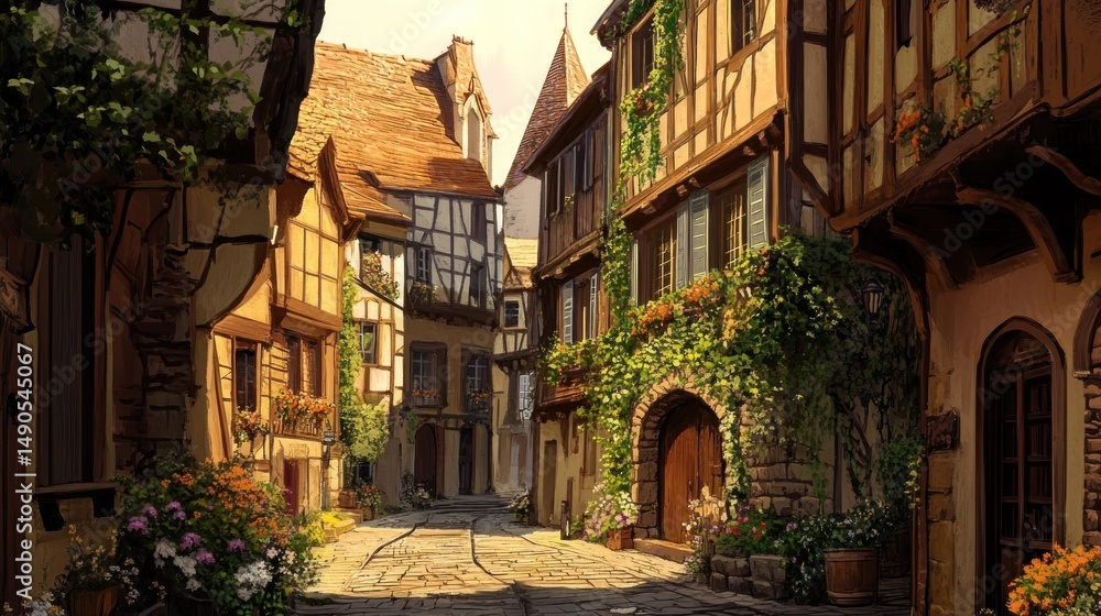Charming Medieval European Village Street, Sunlit Cobblestone Pathway, Historic Architecture, Flower Boxes, Ivy Covered Walls, Picturesque Village Scene Charming Medieval European Village Street, Sunlit Cobblestone Pathway, Historic Architecture, Flower Boxes, Ivy Covered Walls, Picturesque Village Scene