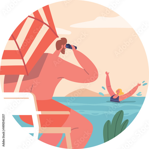 Man beach lifeguard at work