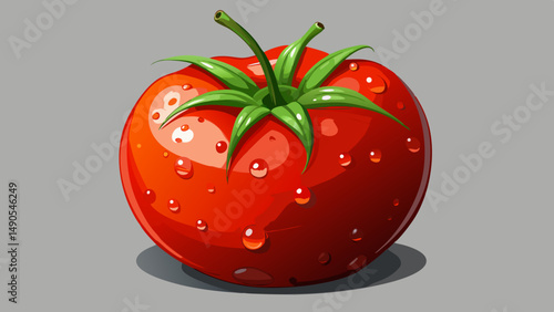 Hot Red Tomato with Fresh Water Droplets on Light Grey Background – Clean Studio Food Photography for Packaging and Advertising Use  Very beautiful