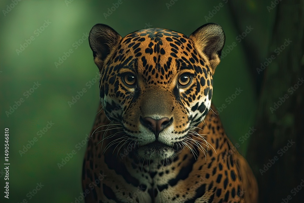 Fototapeta premium Close-up portrait of a jaguar, also known as a panther. The jaguar is looking at the camera with big eyes and a curious expression. In its natural habitat in Central America, on a green background. 