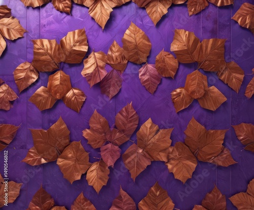 Oxidized copper leaf pattern on purple Geometric autumnal arrangement , texture, red, autumn