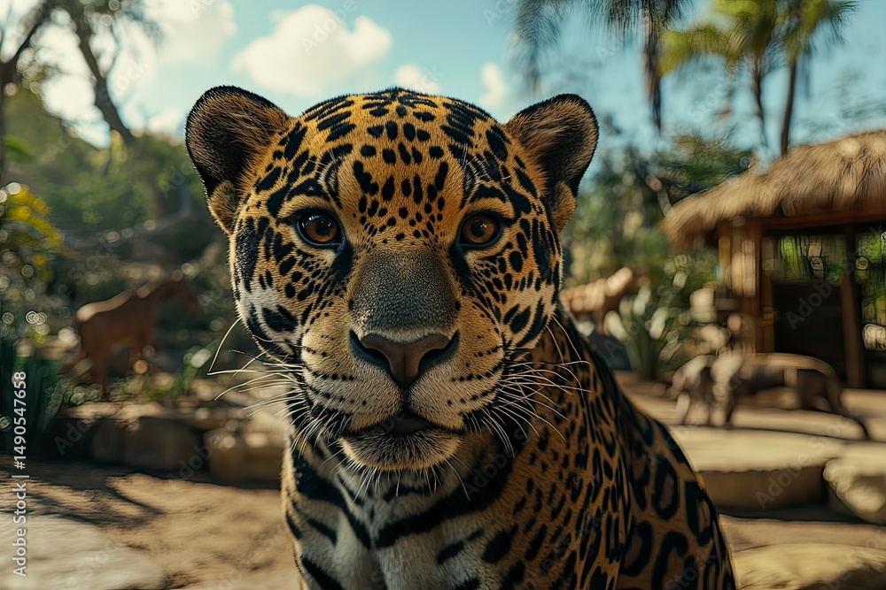 Obraz premium Close-up portrait of a jaguar, vibrant color photography, realistic and cinematic style. In the background is an animal park with various animals in natural settings. The jaguar's face has dark spots