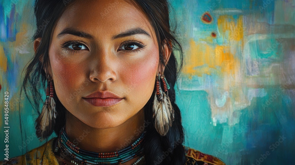 Fototapeta premium Portrait of a Native American Woman: A Stunning Display of Strength and Cultural Heritage