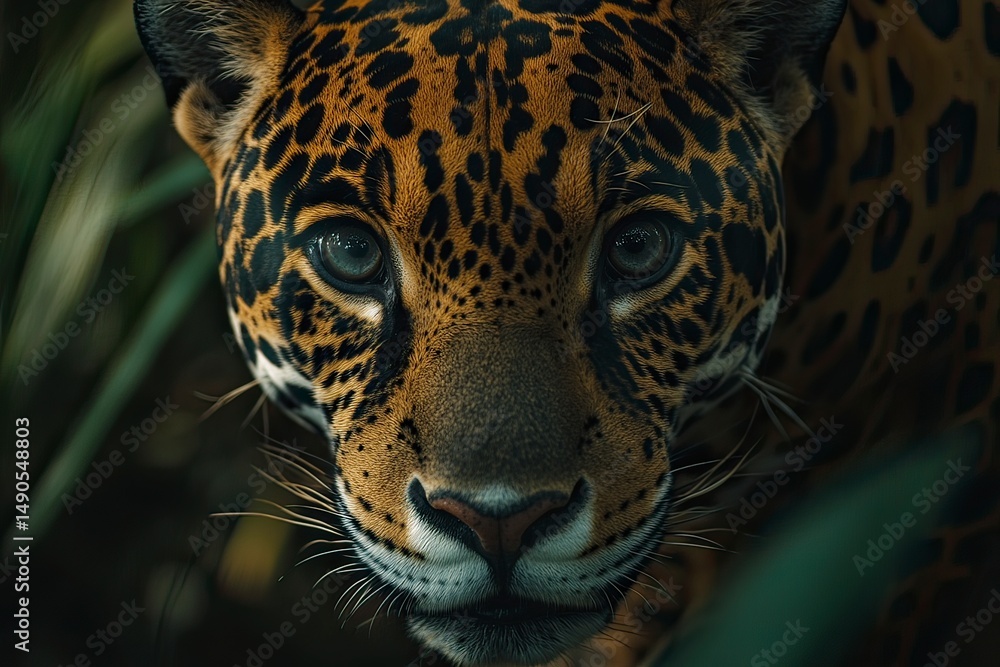 Obraz premium Close-up portrait of a jaguar, also known as a panther. The jaguar is looking at the camera with big eyes and a curious expression. In its natural habitat in Central America, on a green background. 