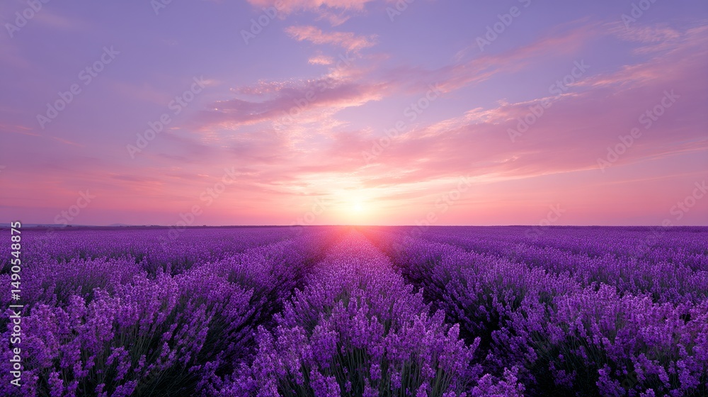 Naklejka premium A breathtaking view of a lavender field at sunset. The vibrant purple hues create a serene atmosphere. Perfect for relaxation or nature-themed projects. Tranquil landscape photography. AI