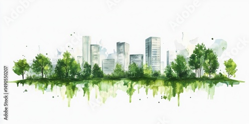 Urban Watercolor Landscape with Lush Green Trees