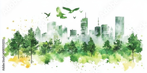 Urban Watercolor Scene With Green Trees And Birds
