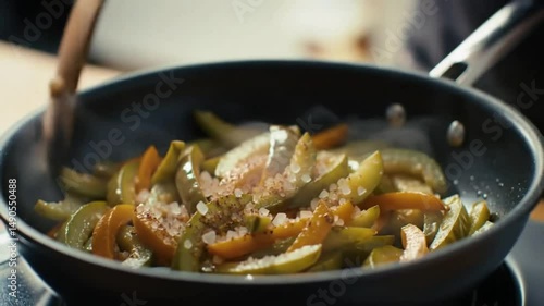 Chef Seasoning Colorful Bell Peppers in Pan with Iodized Salt – Close-Up Cooking Scene with Steam