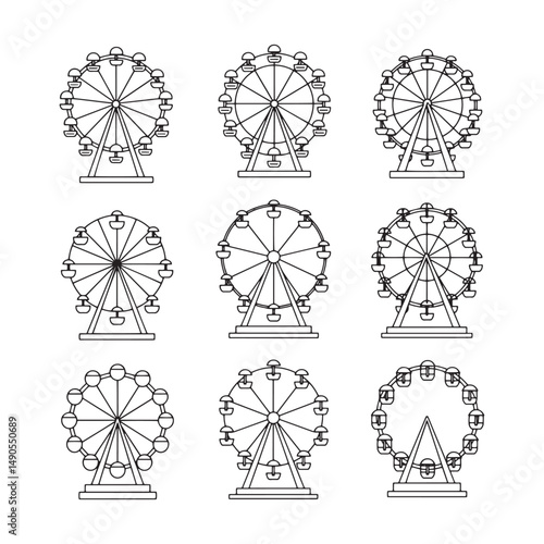 Dynamic fairground ride artwork featuring diverse Ferris wheel perspectives