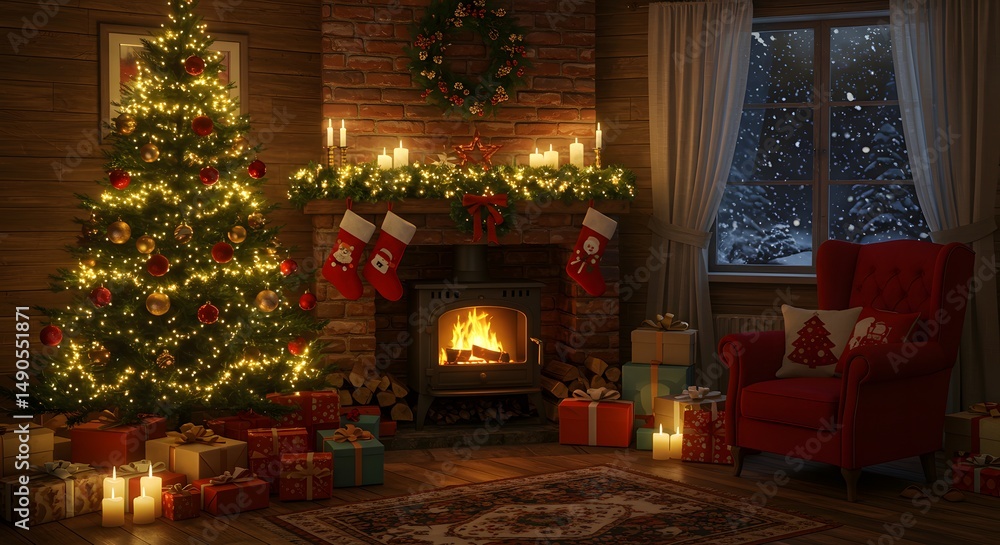 Cozy Christmas Living Room with Tree and Fireplace Cozy Christmas Living Room with Tree and Fireplace