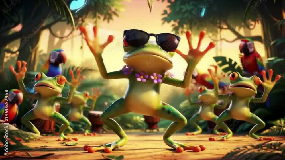 Title Vibrant group of dancing frogs with a parrot playing a drum. Suitable for childrens books, music events, and tropicalthemed designs. Illustration, animals, music, fun, colorful.