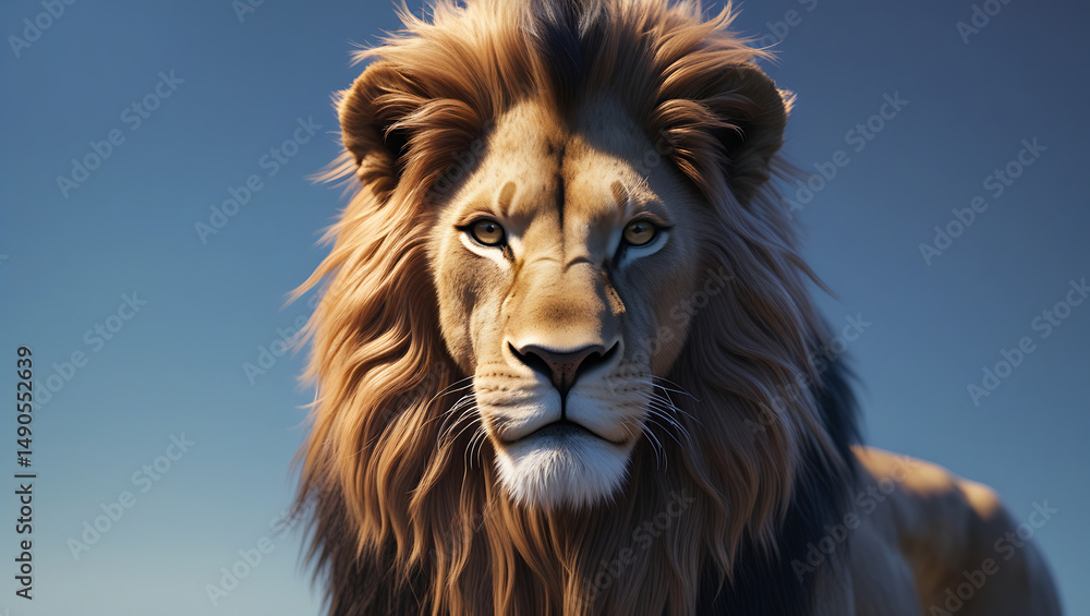 Naklejka premium Majestic lion in 3D with sunlit fur, golden mane, and soulful eyes against a soft, sky-toned gradient background.