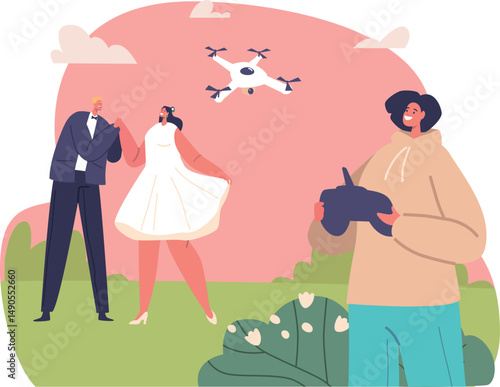 Wedding shooting with drone vector illustration