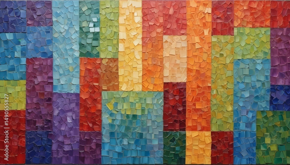 The unique mosaic painting displays blocks of color, creating a vibrant and artistic scene.