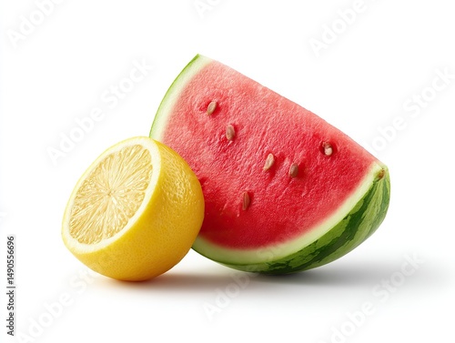 A juicy watermelon slice next to a bright yellow lemon half, showing summer's refreshing flavors.