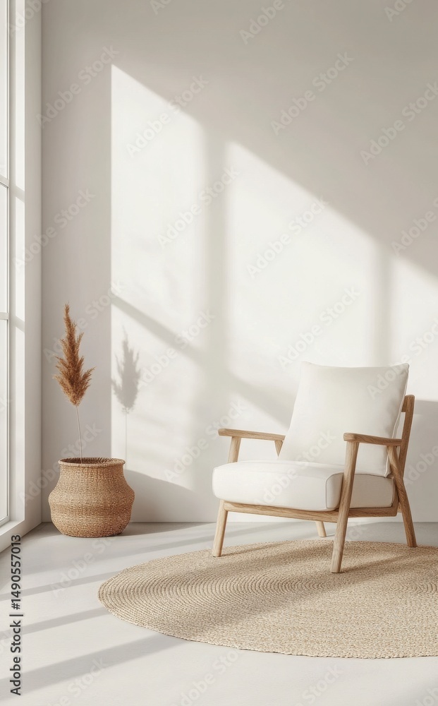 Fototapeta premium White Armchair In Sunlit Minimalist Room With Natural Fiber Rug