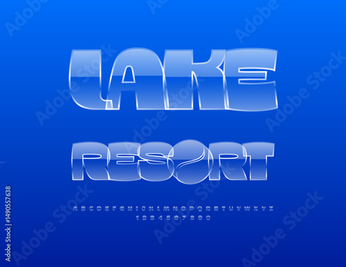Vector Glossy logo Lake Resort. Modern Transparent Crystal style Font. Glass Alphabet Letters and Numbers.