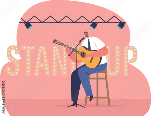 Man performing standup with guitar