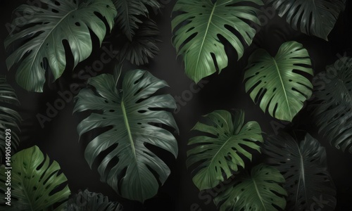 Deep black background with oversized lush tropical leaves , decor, plant